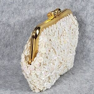Vintage Beaded Clutch Purse White Pearls Sequins Gold Kiss Lock Evening Bag